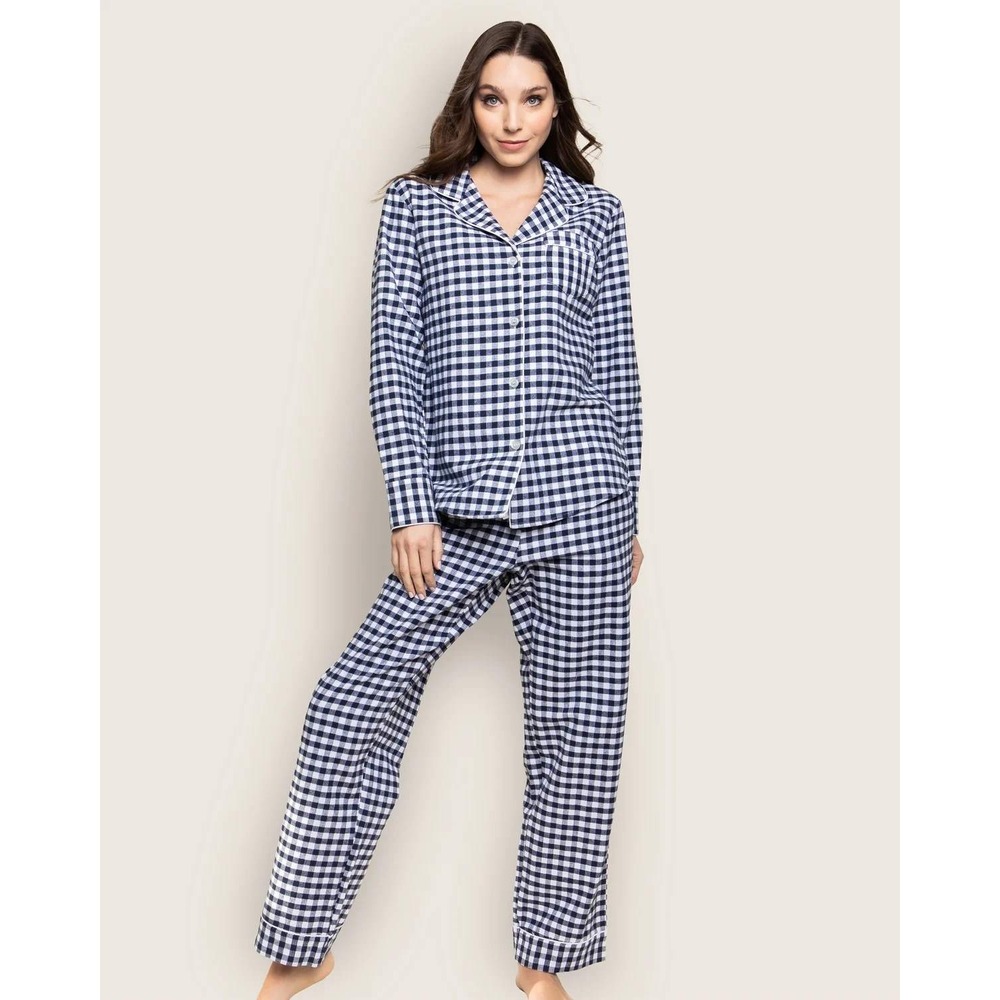 Petite Plume Womens Navy Gingham Twill Pajama Set Long Sleeve Button Front M